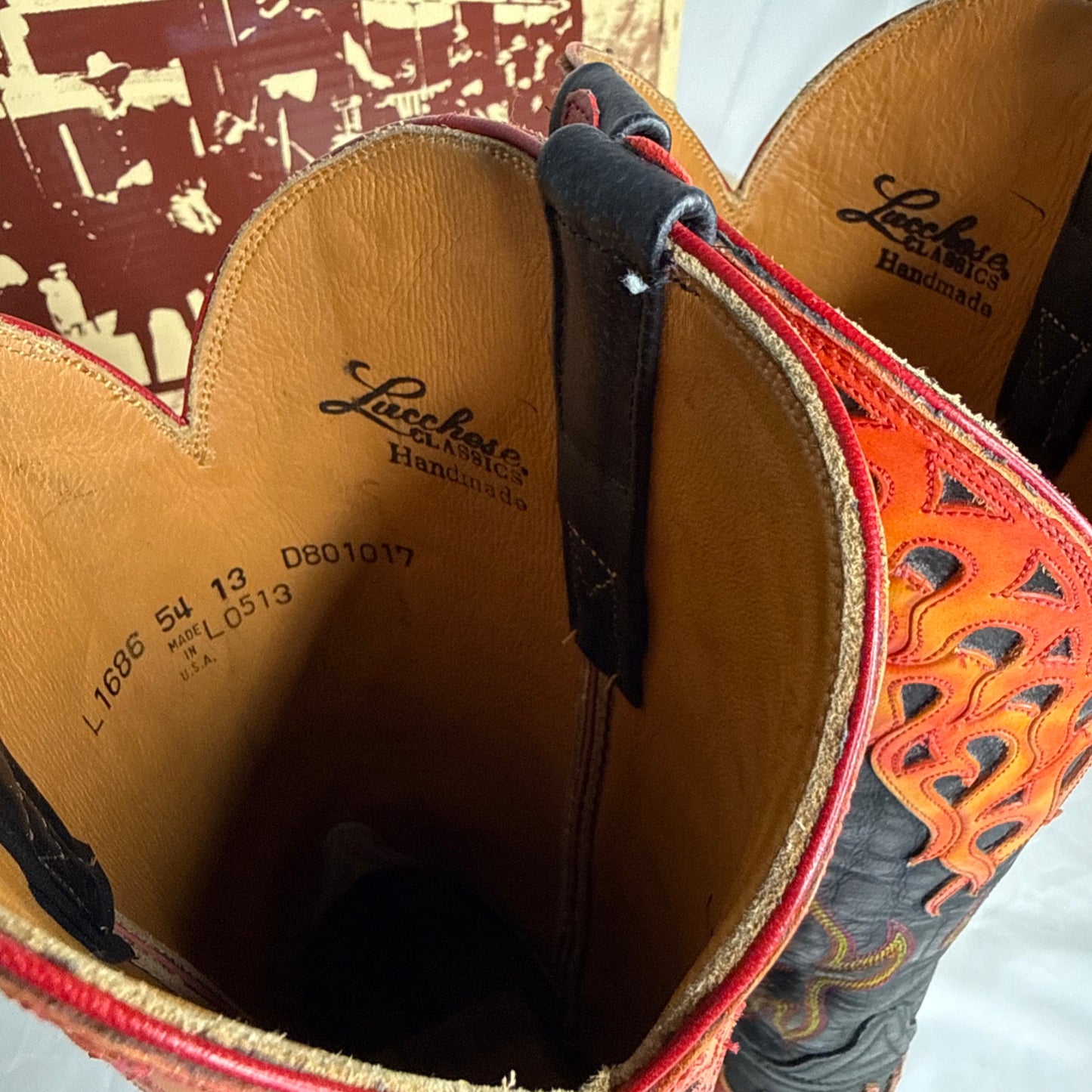 RARE Lucchese L1686.54 Mad Dog Black/Flame Tooled Goat Leather Boots Men 13D