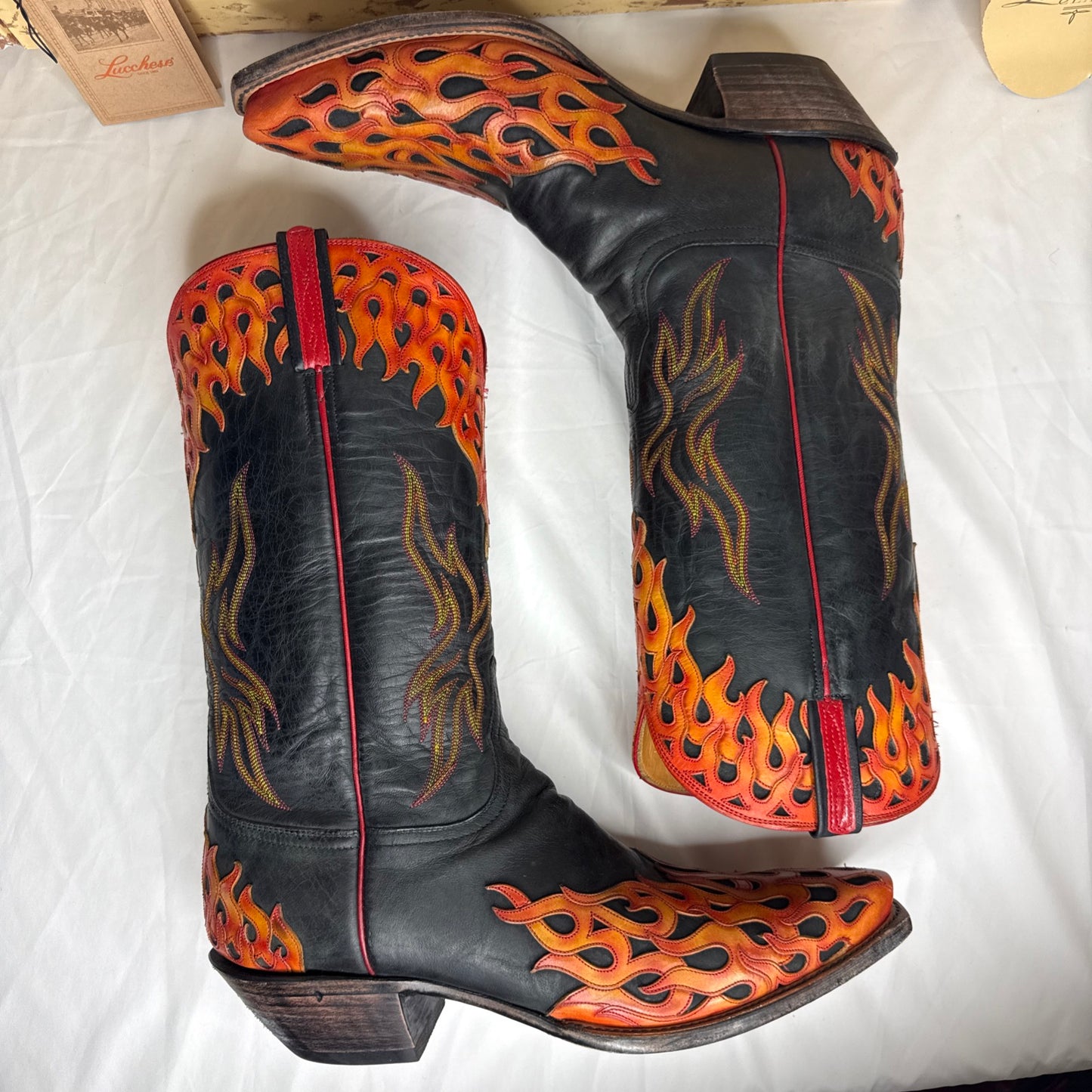 RARE Lucchese L1686.54 Mad Dog Black/Flame Tooled Goat Leather Boots Men 13D