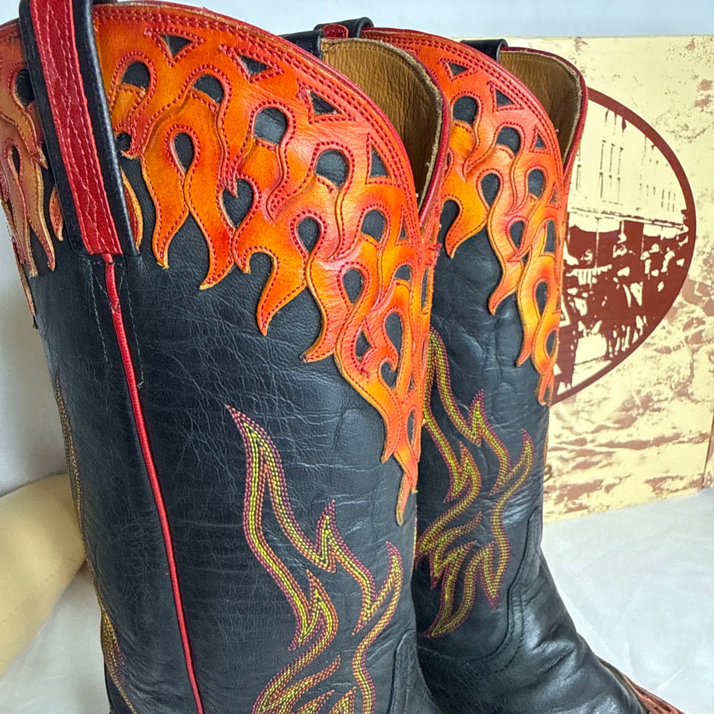 RARE Lucchese L1686.54 Mad Dog Black/Flame Tooled Goat Leather Boots Men 13D