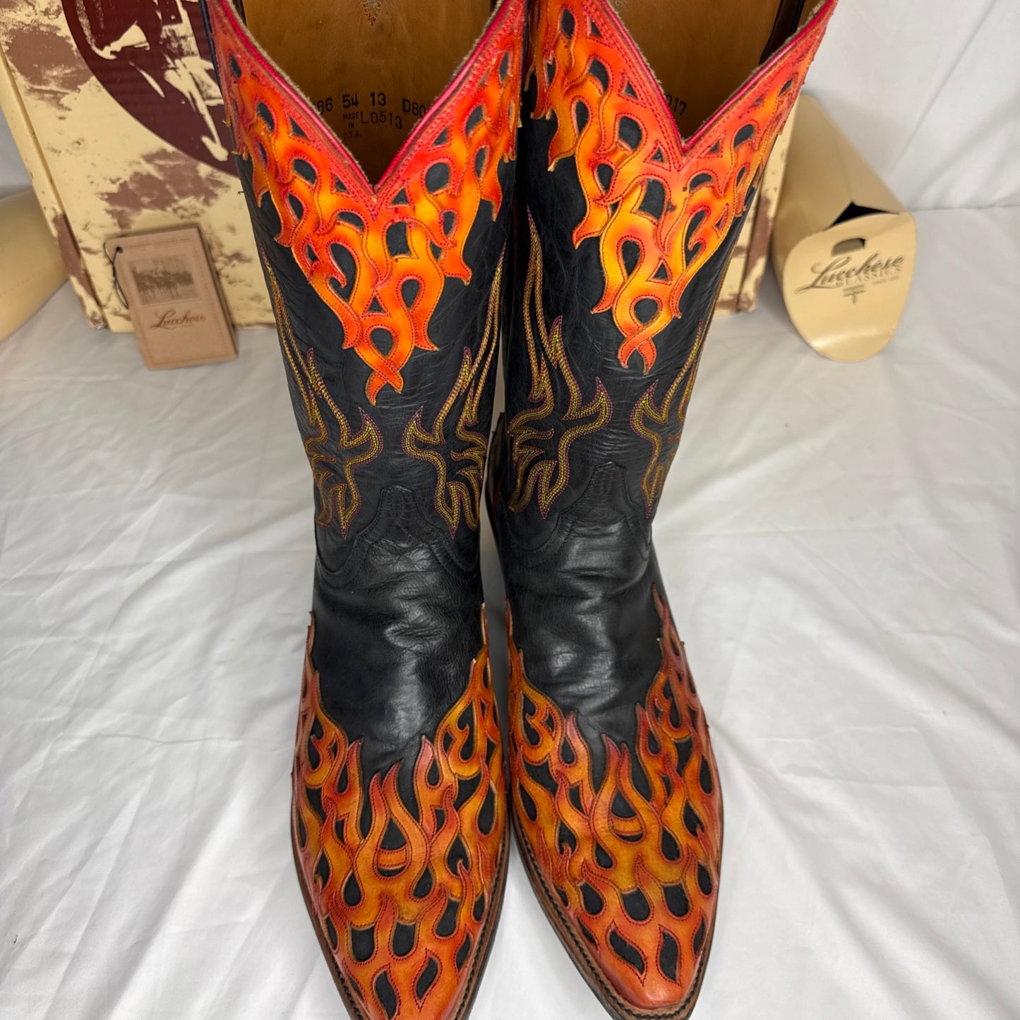 RARE Lucchese L1686.54 Mad Dog Black/Flame Tooled Goat Leather Boots Men 13D