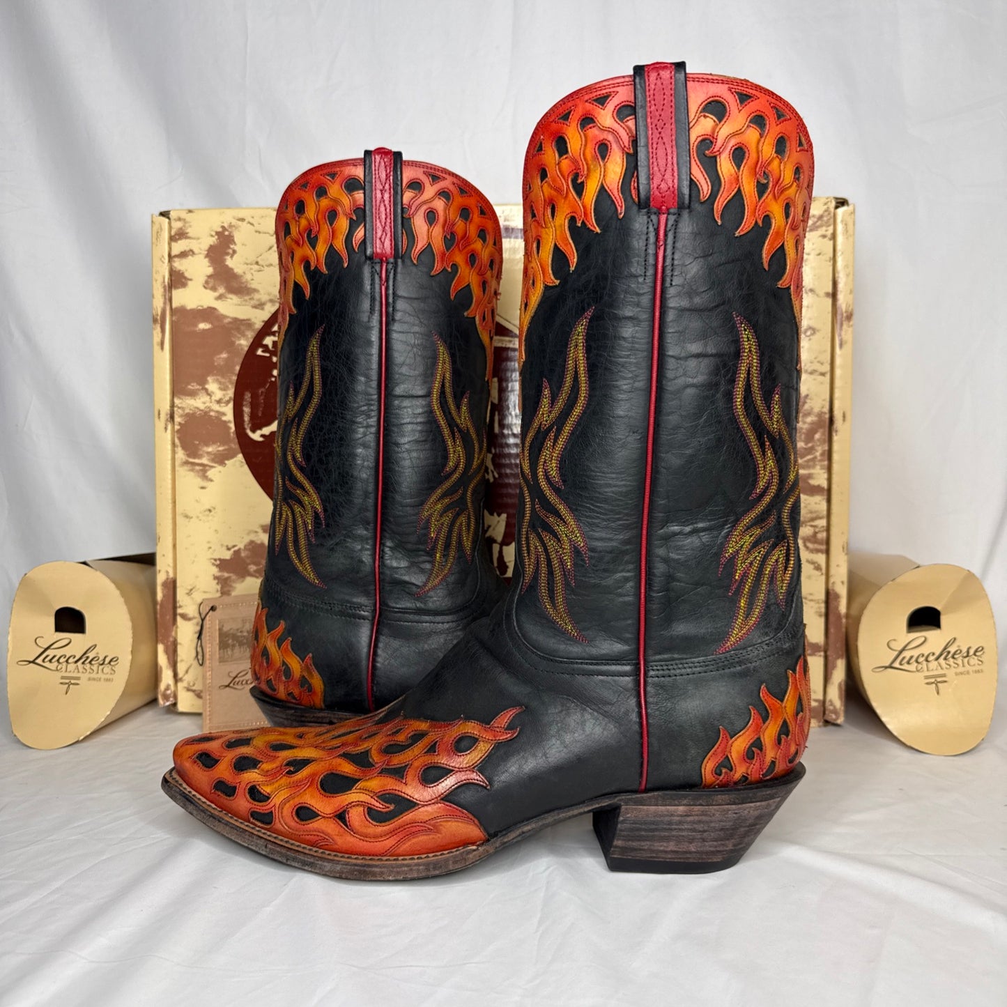 RARE Lucchese L1686.54 Mad Dog Black/Flame Tooled Goat Leather Boots Men 13D