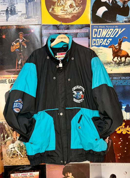 Vintage 90s Charlotte Hornets NBA Puffer Jacket Teal Black Oversized Coat SIZE LARGE