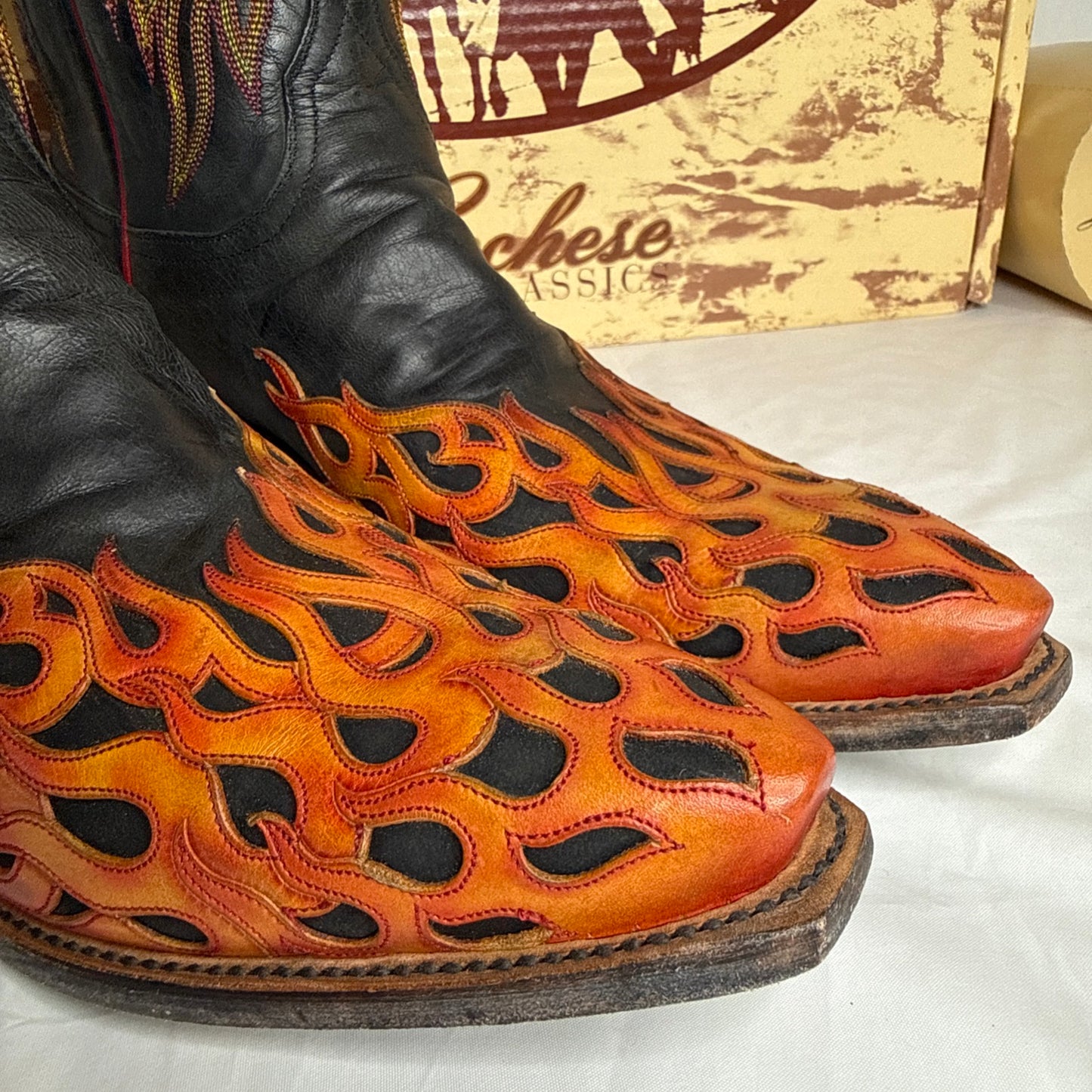 RARE Lucchese L1686.54 Mad Dog Black/Flame Tooled Goat Leather Boots Men 13D