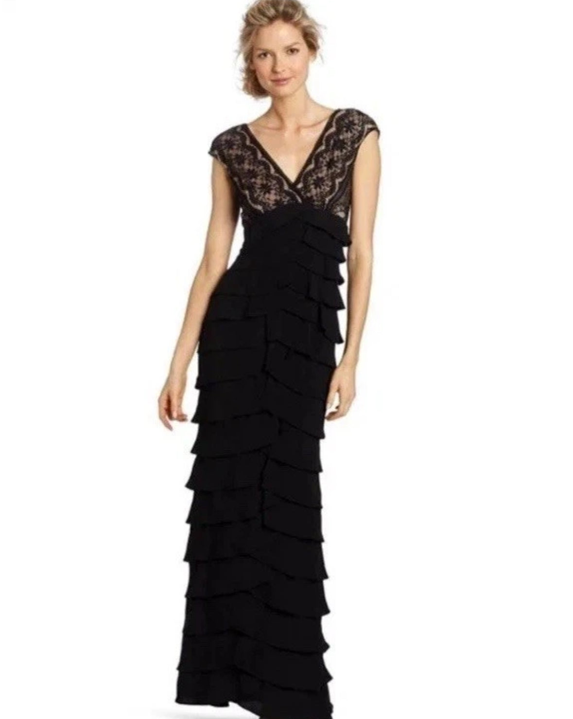 Adrianna Papell Black Lace/Ruffle Gown