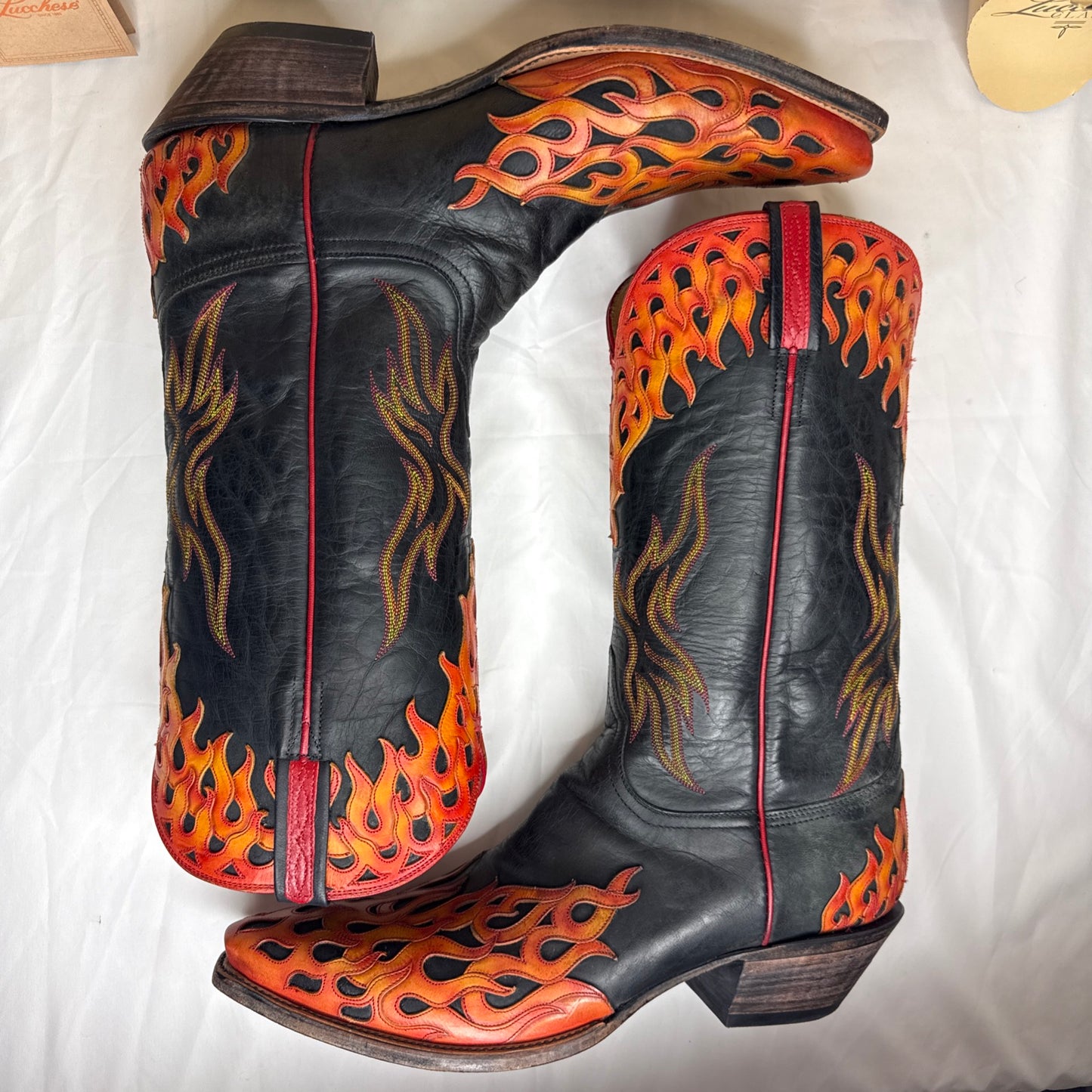 RARE Lucchese L1686.54 Mad Dog Black/Flame Tooled Goat Leather Boots Men 13D